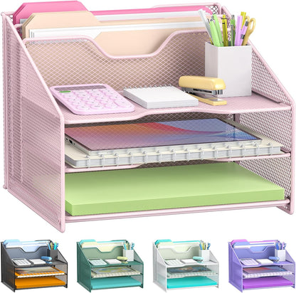 Desk File Organizer, Mesh Letter File Folder Holder with 3 Paper Trays and 2 Vertical Upright Section, for Office Supplies,Desk Accessories & Workspace,Black.