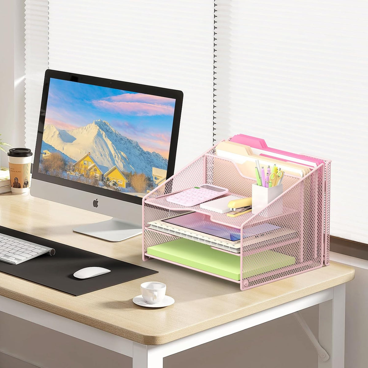 Desk File Organizer, Mesh Letter File Folder Holder with 3 Paper Trays and 2 Vertical Upright Section, for Office Supplies,Desk Accessories & Workspace,Black.