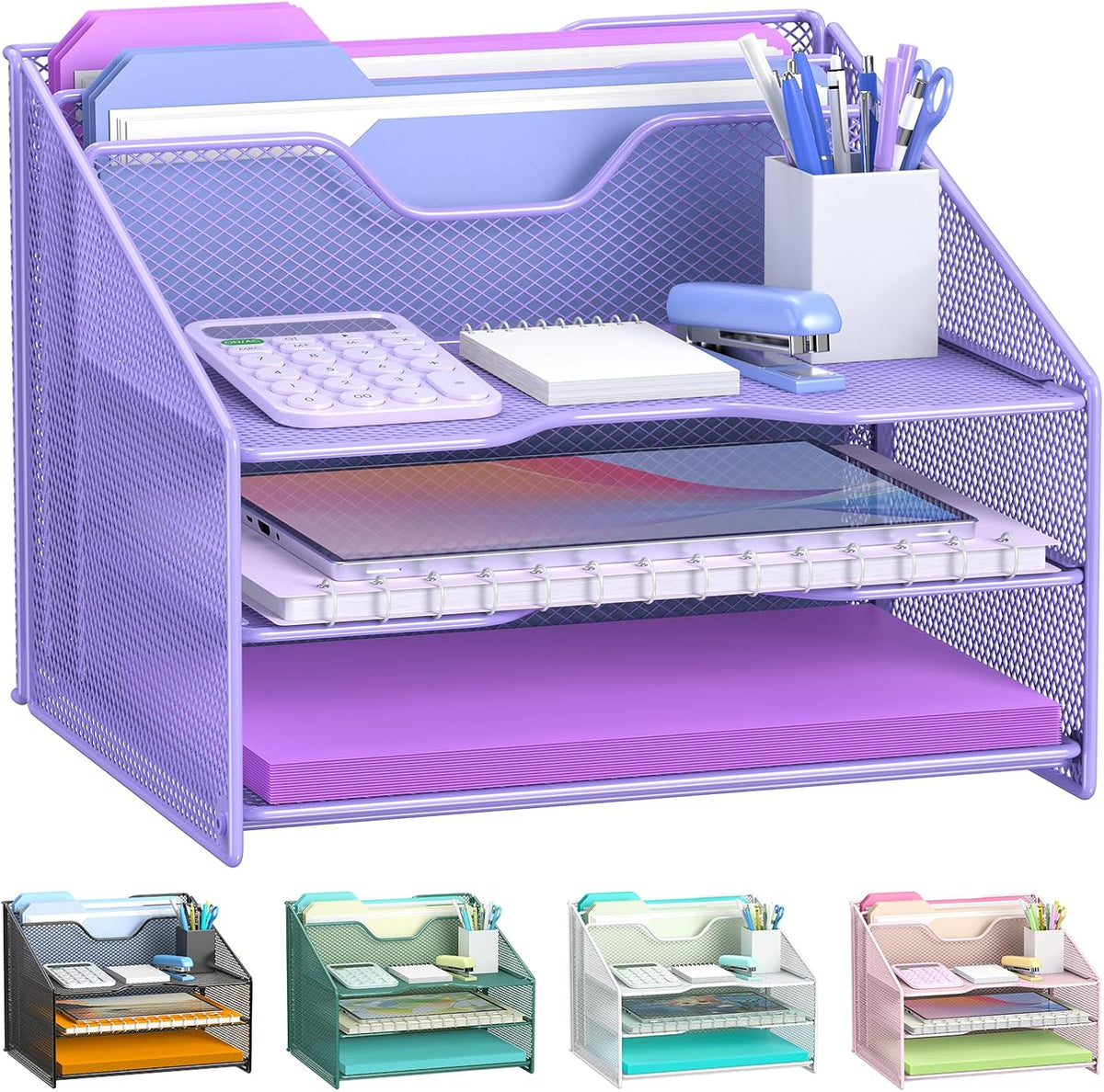 Desk File Organizer, Mesh Letter File Folder Holder with 3 Paper Trays and 2 Vertical Upright Section, for Office Supplies,Desk Accessories & Workspace,Black.