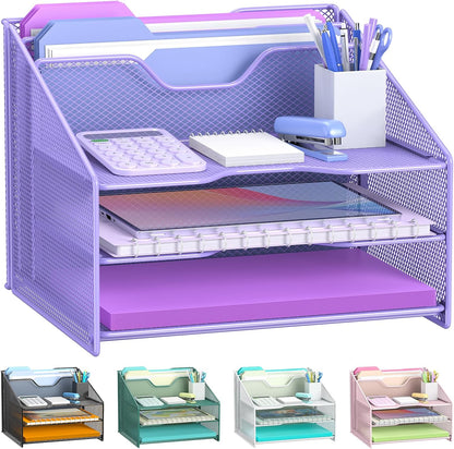Desk File Organizer, Mesh Letter File Folder Holder with 3 Paper Trays and 2 Vertical Upright Section, for Office Supplies,Desk Accessories & Workspace,Black.