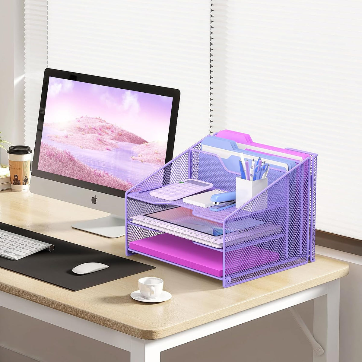 Desk File Organizer, Mesh Letter File Folder Holder with 3 Paper Trays and 2 Vertical Upright Section, for Office Supplies,Desk Accessories & Workspace,Black.