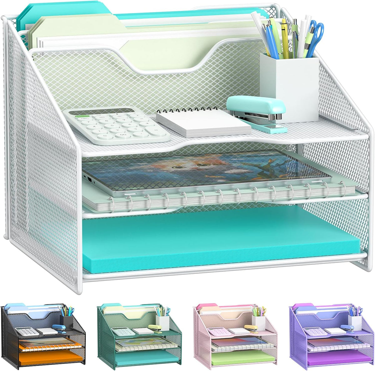 Desk File Organizer, Mesh Letter File Folder Holder with 3 Paper Trays and 2 Vertical Upright Section, for Office Supplies,Desk Accessories & Workspace,Black.