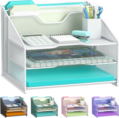 Desk File Organizer, Mesh Letter File Folder Holder with 3 Paper Trays and 2 Vertical Upright Section, for Office Supplies,Desk Accessories & Workspace,Black.