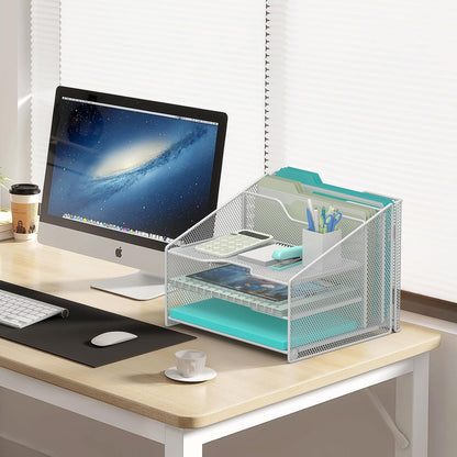 Desk File Organizer, Mesh Letter File Folder Holder with 3 Paper Trays and 2 Vertical Upright Section, for Office Supplies,Desk Accessories & Workspace,Black.