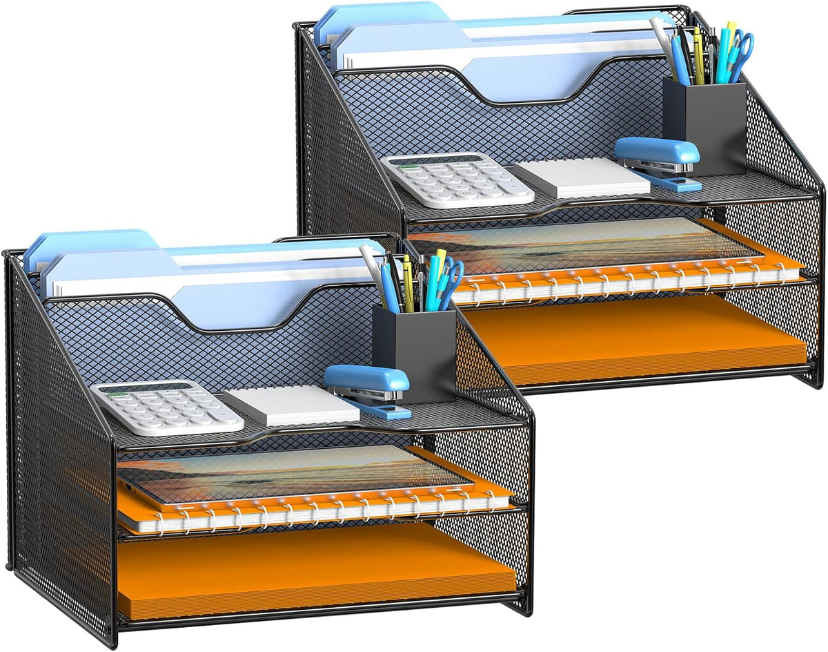 Desk File Organizer, Mesh Letter File Folder Holder with 3 Paper Trays and 2 Vertical Upright Section, for Office Supplies,Desk Accessories & Workspace,Black.