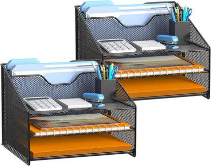 Desk File Organizer, Mesh Letter File Folder Holder with 3 Paper Trays and 2 Vertical Upright Section, for Office Supplies,Desk Accessories & Workspace,Black.