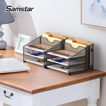 Desk File Organizer, Mesh Letter File Folder Holder with 3 Paper Trays and 2 Vertical Upright Section, for Office Supplies,Desk Accessories & Workspace,Black.