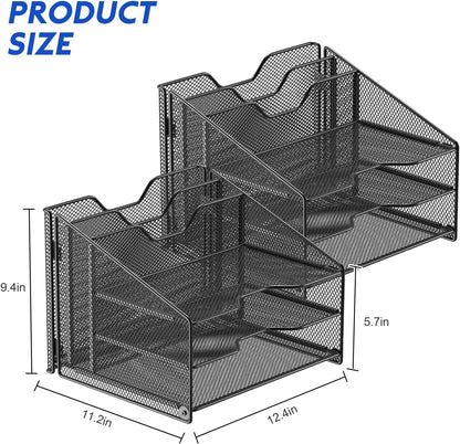 Desk File Organizer, Mesh Letter File Folder Holder with 3 Paper Trays and 2 Vertical Upright Section, for Office Supplies,Desk Accessories & Workspace,Black.