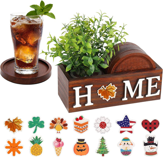 Wood Coasters Set of 4 for Drinks with Holder for Table Decor