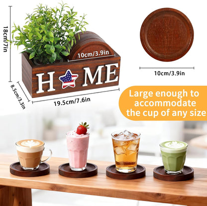 Wood Coasters Set of 4 for Drinks with Holder for Table Decor