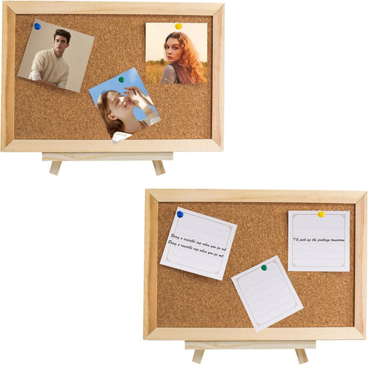 2 Set Double-Sided Cork Bulletin Board with Wooden Easel Base