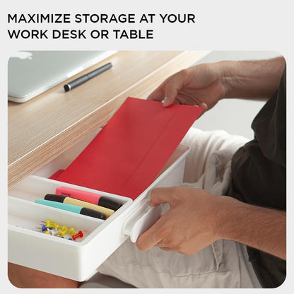 Under Desk Drawer, Slide out Hidden Desk Drawers Organizer, Self-adhesive drawer for office/classroom/home 13.3'' x 10.02'' x 2.8’’ (White)