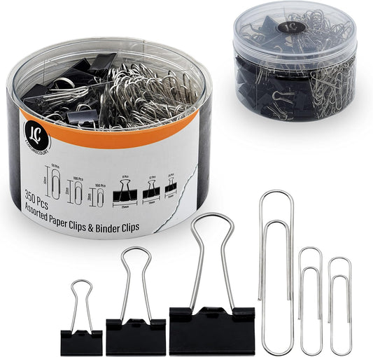 350 Pack Paper Clips and Binder Clips Set - Binders & Paperclips Assorted Sizes in Container with Compartments, Silver Paper Clips & Black Binder clips for Home, School, Office Supplies