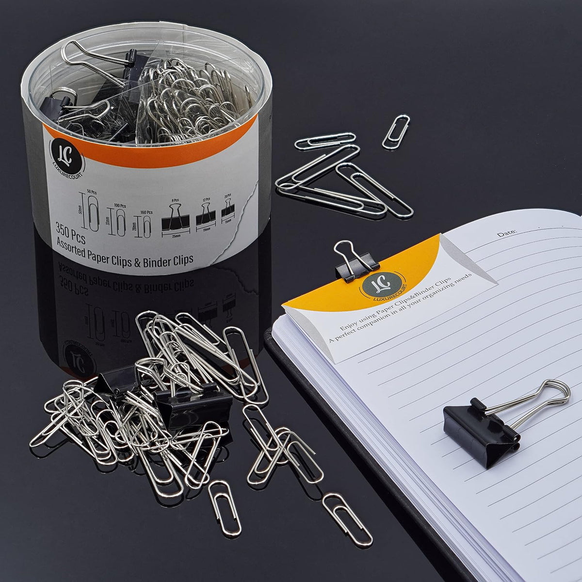 350 Pack Paper Clips and Binder Clips Set - Binders & Paperclips Assorted Sizes in Container with Compartments, Silver Paper Clips & Black Binder clips for Home, School, Office Supplies