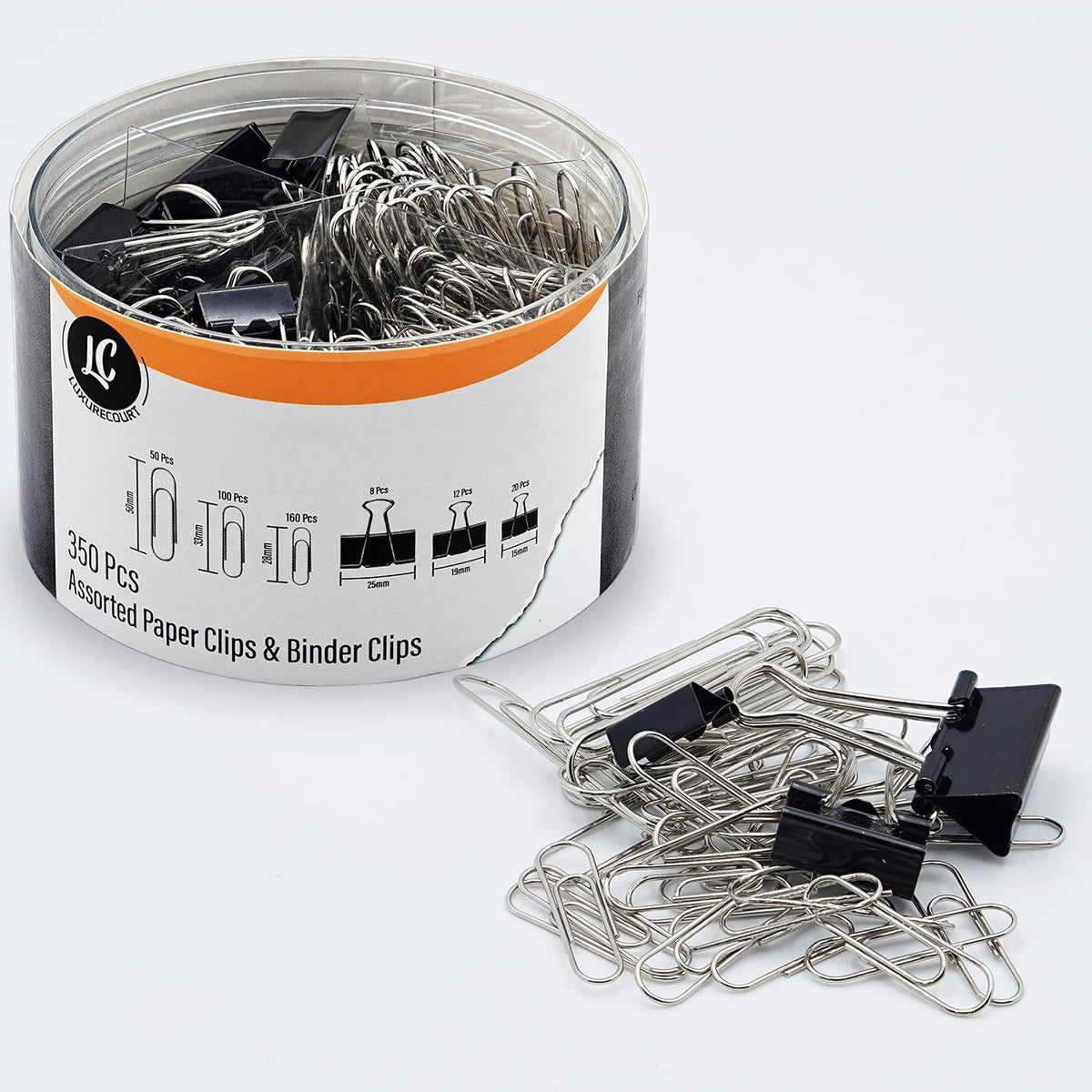 350 Pack Paper Clips and Binder Clips Set - Binders & Paperclips Assorted Sizes in Container with Compartments, Silver Paper Clips & Black Binder clips for Home, School, Office Supplies