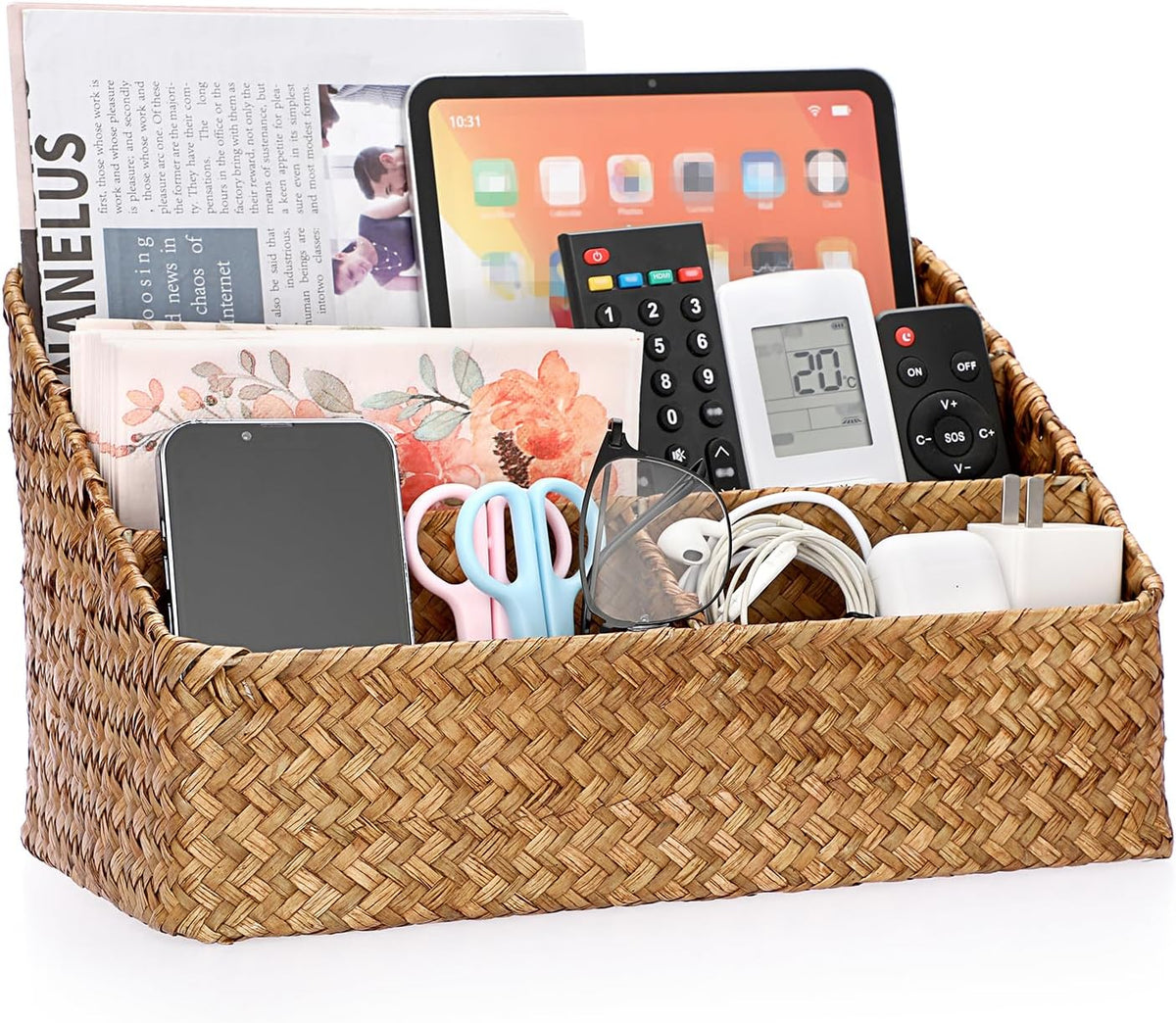 Woven Storage Basket, Seagrass Desk Organizer with 4 Compartments
