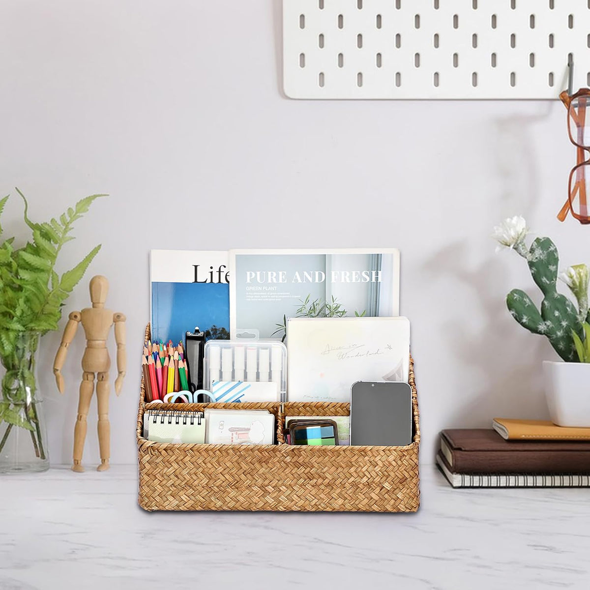 Woven Storage Basket, Seagrass Desk Organizer with 4 Compartments
