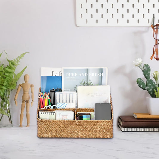 Woven Storage Basket, Seagrass Desk Organizer with 4 Compartments