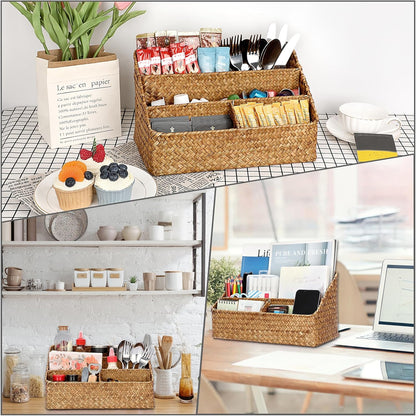 Woven Storage Basket, Seagrass Desk Organizer with 4 Compartments