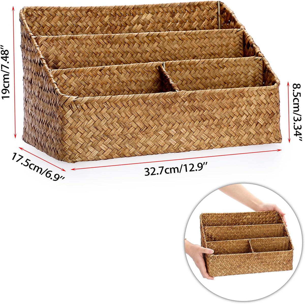 Woven Storage Basket, Seagrass Desk Organizer with 4 Compartments