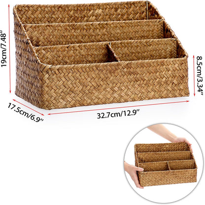 Woven Storage Basket, Seagrass Desk Organizer with 4 Compartments