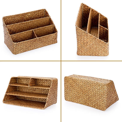 Woven Storage Basket, Seagrass Desk Organizer with 4 Compartments