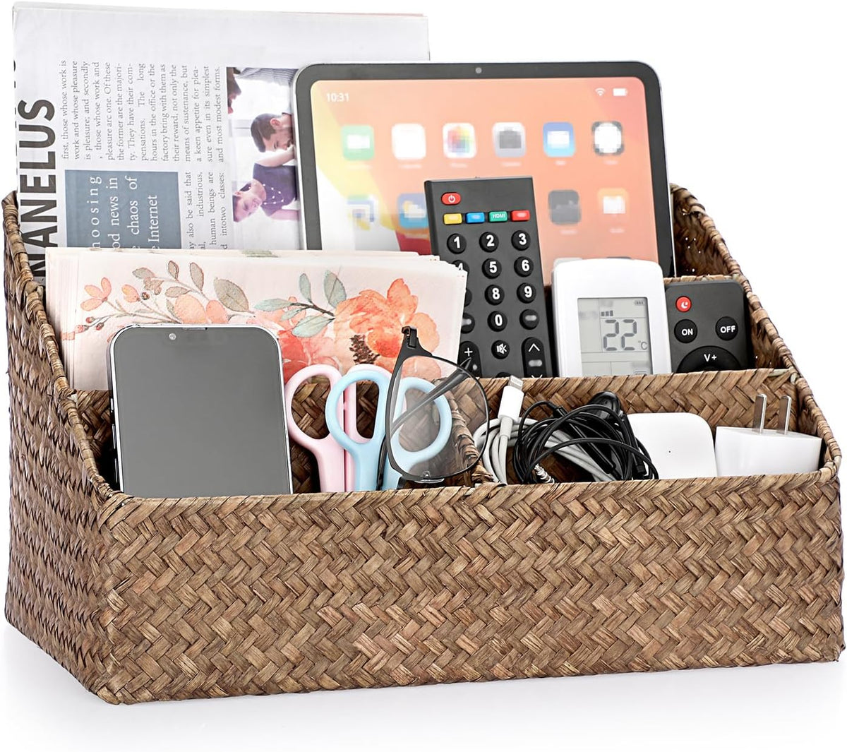 Woven Storage Basket, Seagrass Desk Organizer with 4 Compartments