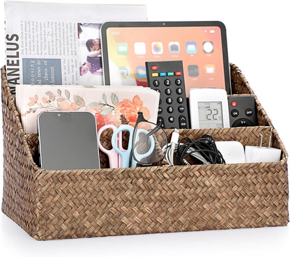 Woven Storage Basket, Seagrass Desk Organizer with 4 Compartments