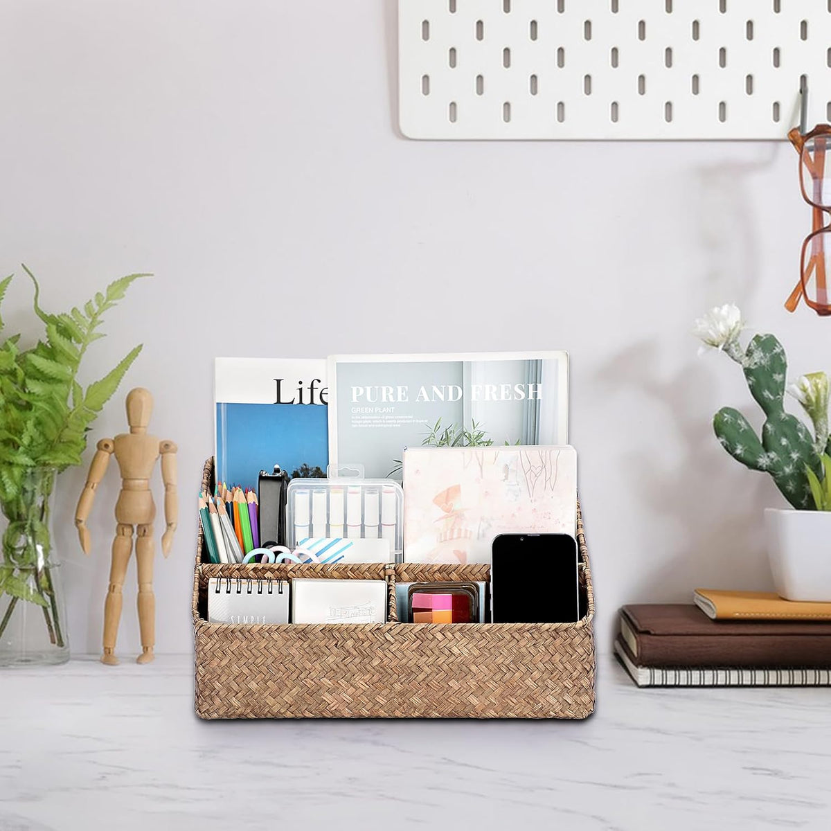 Woven Storage Basket, Seagrass Desk Organizer with 4 Compartments