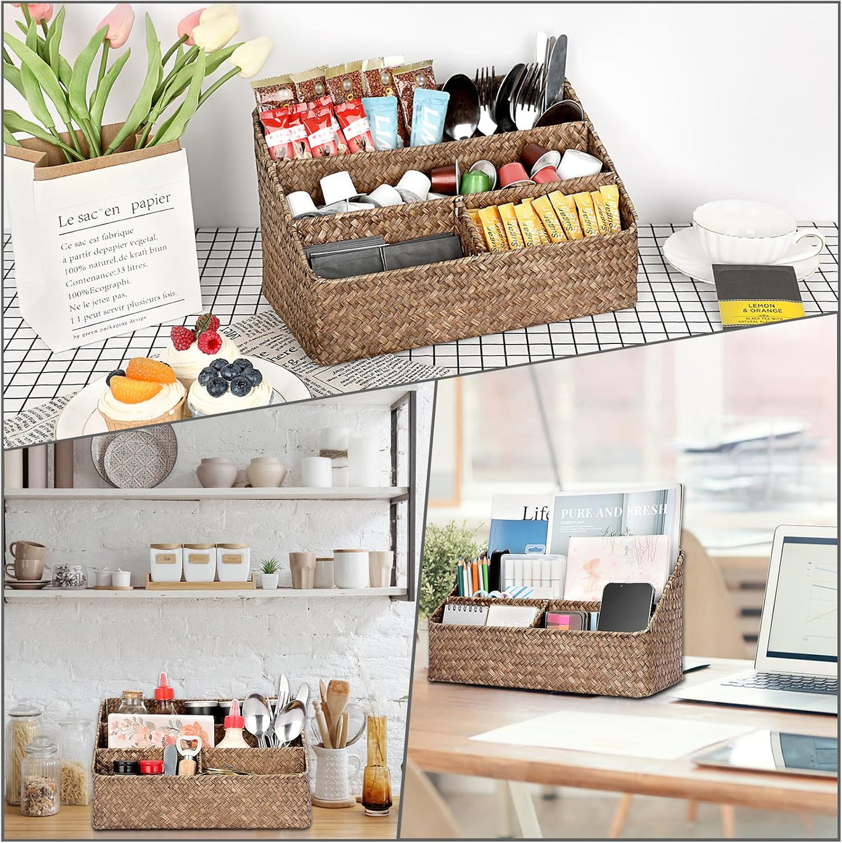 Woven Storage Basket, Seagrass Desk Organizer with 4 Compartments