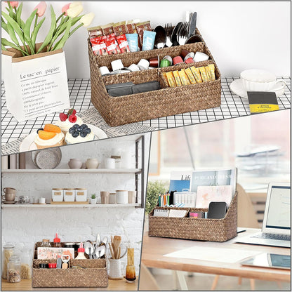 Woven Storage Basket, Seagrass Desk Organizer with 4 Compartments