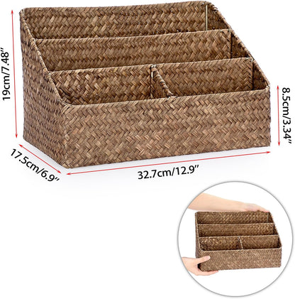 Woven Storage Basket, Seagrass Desk Organizer with 4 Compartments
