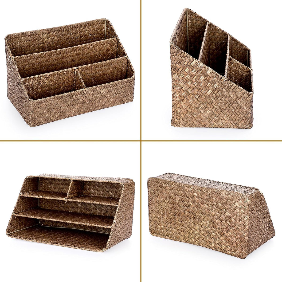 Woven Storage Basket, Seagrass Desk Organizer with 4 Compartments