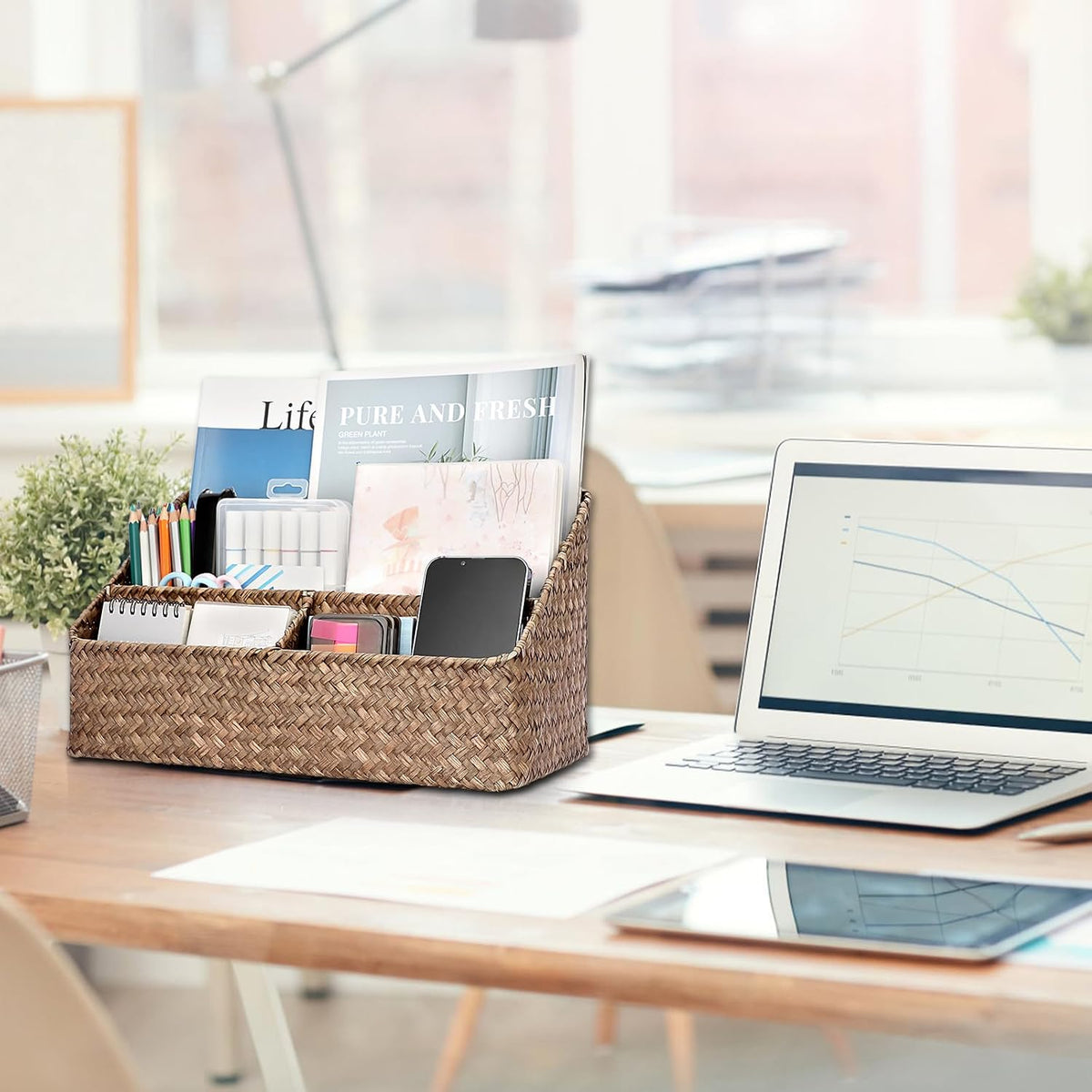Woven Storage Basket, Seagrass Desk Organizer with 4 Compartments