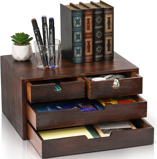 Bamboo Desk Organizer, 100% Natural Bamboo Desktop Drawer Organizer, Dark Brown Tabletop Storage Cabinet Organization Box with 4 Drawer for Makeup, Letter, Home, 3 Layer, Fully Assemble