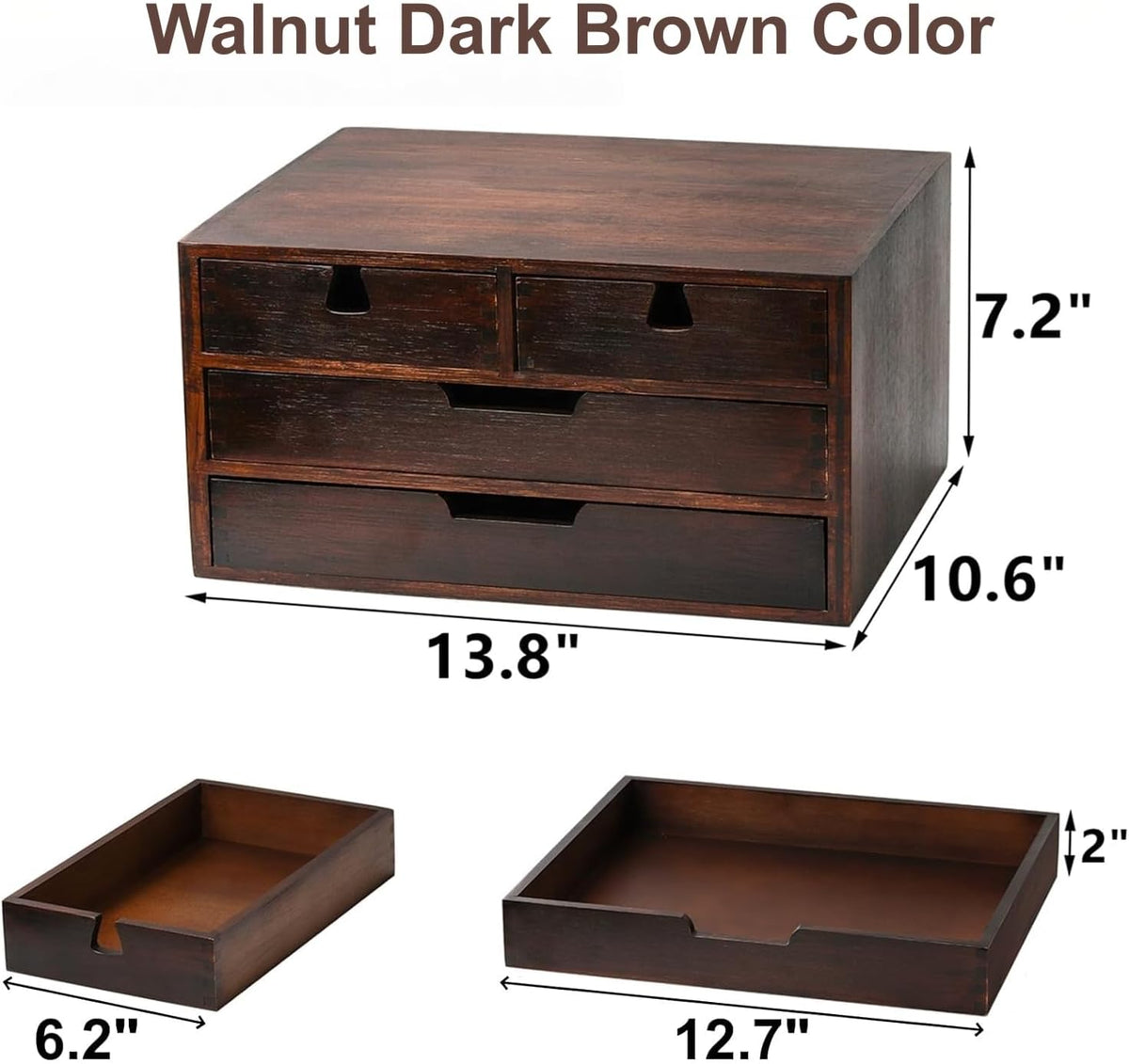 Bamboo Desk Organizer, 100% Natural Bamboo Desktop Drawer Organizer, Dark Brown Tabletop Storage Cabinet Organization Box with 4 Drawer for Makeup, Letter, Home, 3 Layer, Fully Assemble