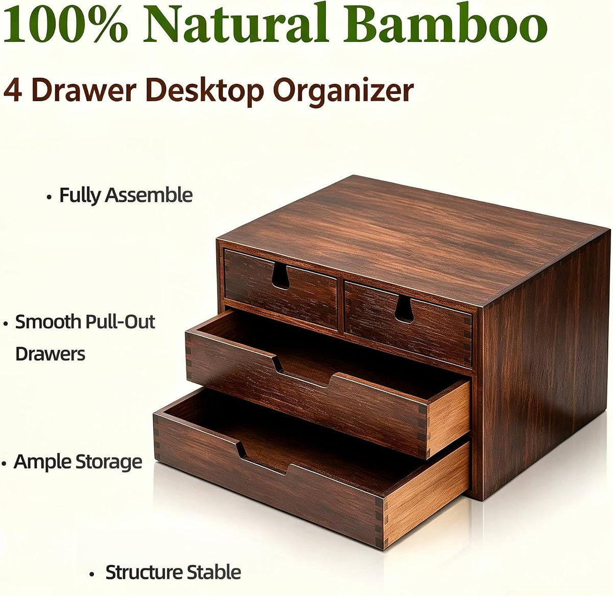 Bamboo Desk Organizer, 100% Natural Bamboo Desktop Drawer Organizer, Dark Brown Tabletop Storage Cabinet Organization Box with 4 Drawer for Makeup, Letter, Home, 3 Layer, Fully Assemble
