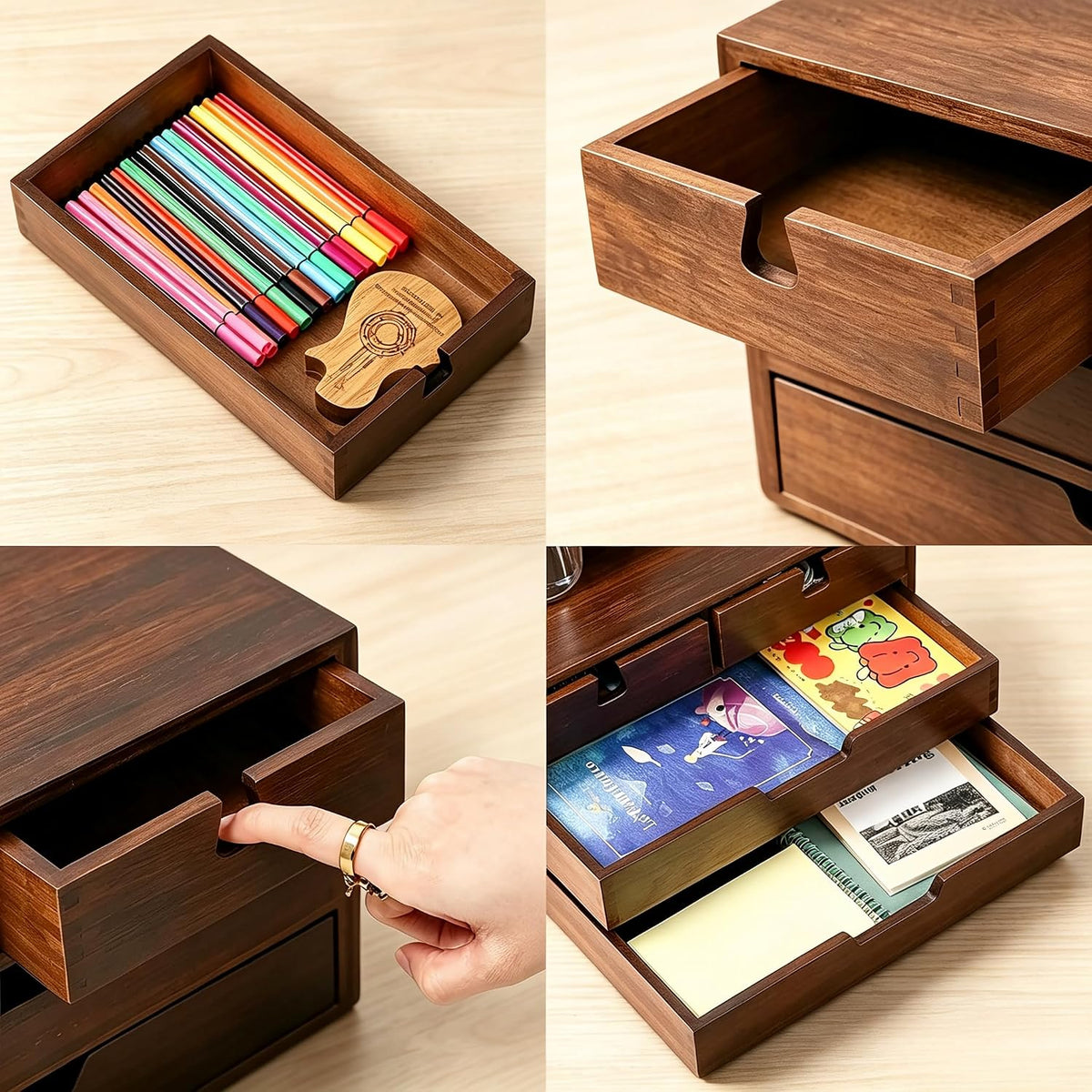 Bamboo Desk Organizer, 100% Natural Bamboo Desktop Drawer Organizer, Dark Brown Tabletop Storage Cabinet Organization Box with 4 Drawer for Makeup, Letter, Home, 3 Layer, Fully Assemble