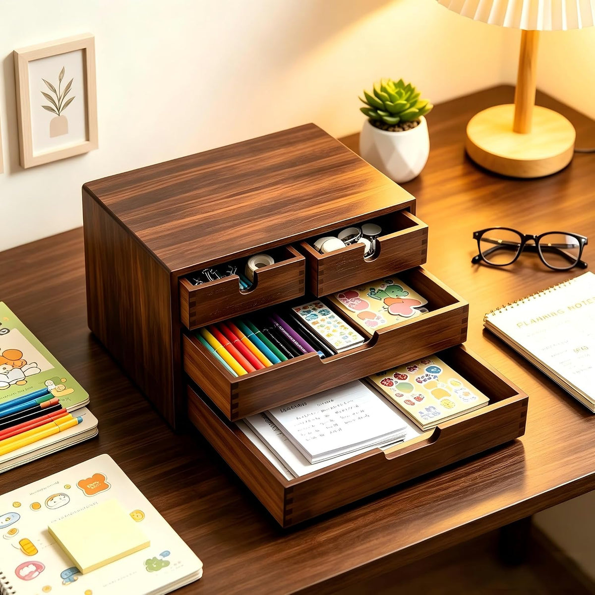 Bamboo Desk Organizer, 100% Natural Bamboo Desktop Drawer Organizer, Dark Brown Tabletop Storage Cabinet Organization Box with 4 Drawer for Makeup, Letter, Home, 3 Layer, Fully Assemble