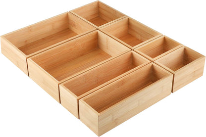 8Pcs Bamboo Drawer Organizer 4-Size Kitchen Storage Box for Flatware