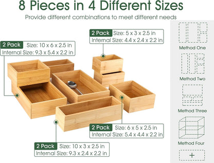 8Pcs Bamboo Drawer Organizer 4-Size Kitchen Storage Box for Flatware