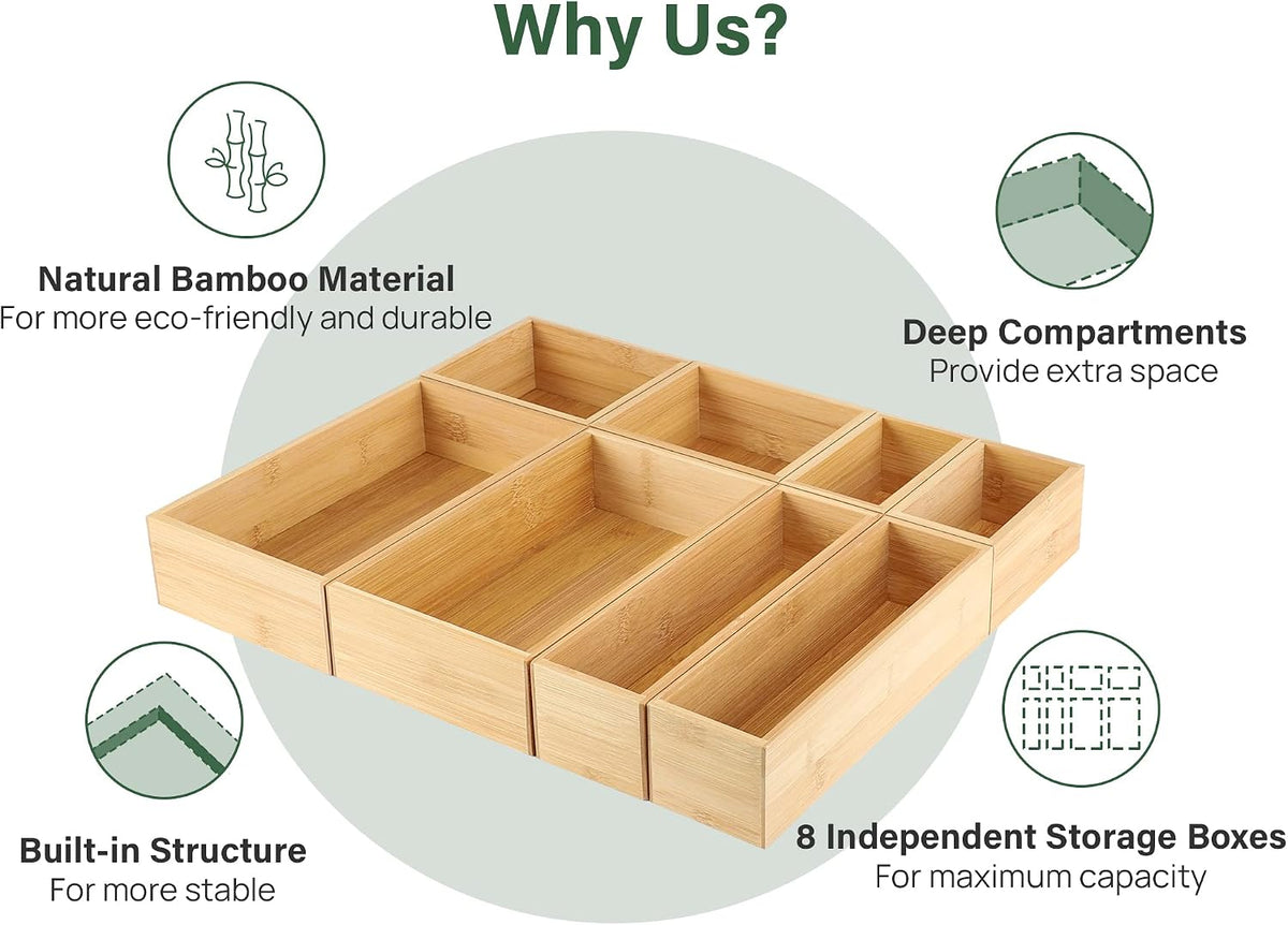 8Pcs Bamboo Drawer Organizer 4-Size Kitchen Storage Box for Flatware