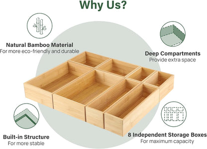 8Pcs Bamboo Drawer Organizer 4-Size Kitchen Storage Box for Flatware