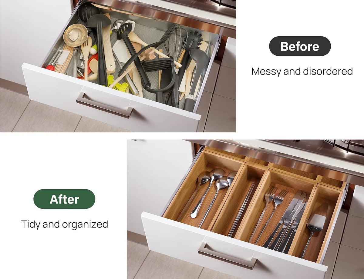 8Pcs Bamboo Drawer Organizer 4-Size Kitchen Storage Box for Flatware