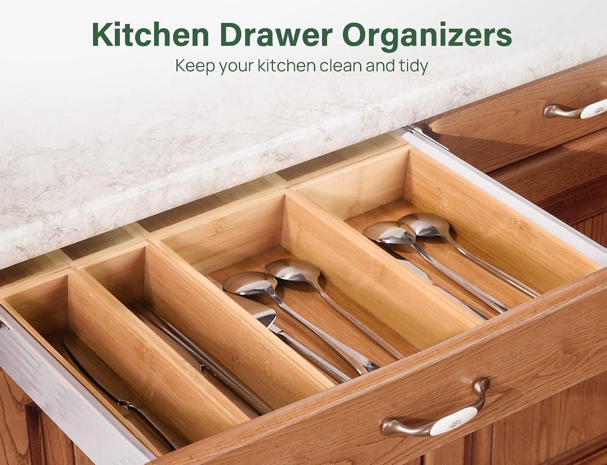 8Pcs Bamboo Drawer Organizer 4-Size Kitchen Storage Box for Flatware