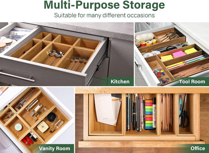 8Pcs Bamboo Drawer Organizer 4-Size Kitchen Storage Box for Flatware