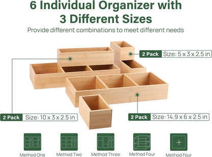 8Pcs Bamboo Drawer Organizer 4-Size Kitchen Storage Box for Flatware