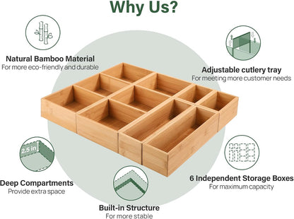 8Pcs Bamboo Drawer Organizer 4-Size Kitchen Storage Box for Flatware