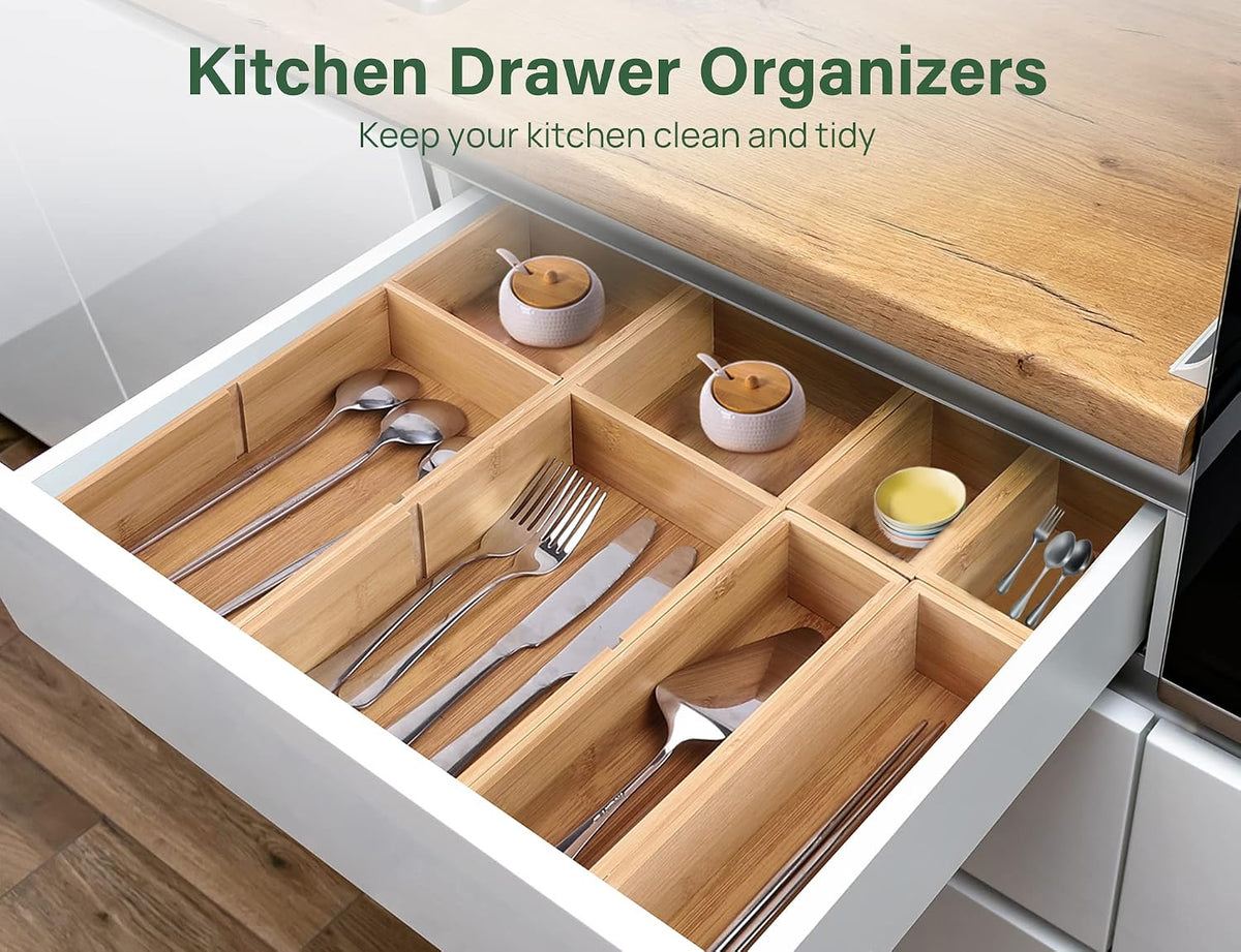 8Pcs Bamboo Drawer Organizer 4-Size Kitchen Storage Box for Flatware