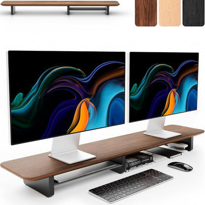 Dual Monitor Riser with Integrated Metal Shelf - Wooden desk shelf